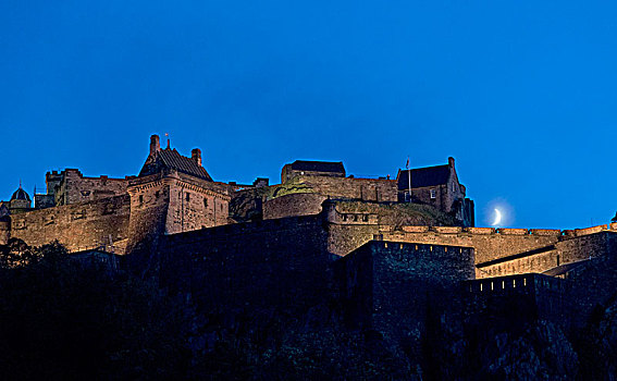 城堡,夜晚,新月,爱丁堡,苏格兰,英国