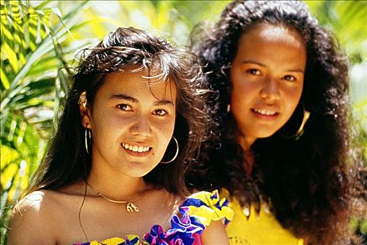 法属玻利尼西亚,塔希提岛,两个,玻利尼西亚人,女人,微笑