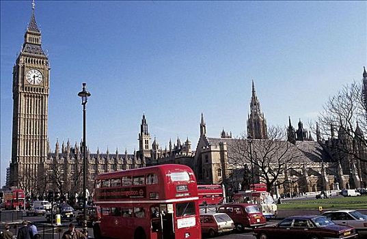 国会,交通,红色公交车,双层巴士,汽车,威斯敏斯特宫,教堂,大本钟,尖顶,伦敦,英国,欧洲,世界遗产