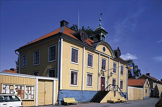 木屋,建筑,旗帜,南方,瑞典,斯堪的纳维亚,欧洲