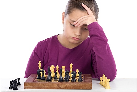 烦恼,小女孩,玩,下棋