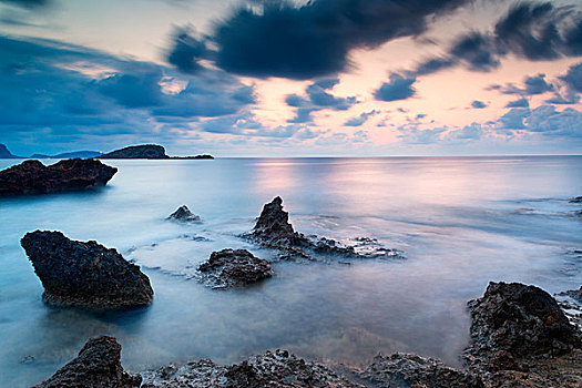 黎明,日出,风景,上方,漂亮,岩石,海岸线,地中海