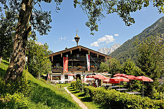 餐馆,山谷,山,山脉,提洛尔,奥地利,欧洲
