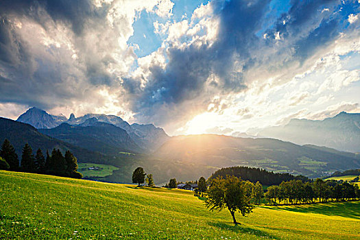 日落,上方,贝希特斯加登阿尔卑斯山,萨尔茨堡,奥地利,欧洲