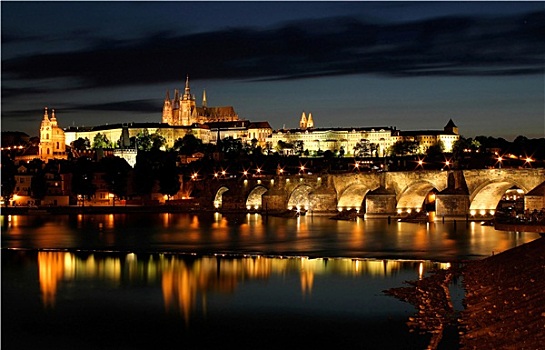 风景,著名,查理大桥,城堡,光亮,晚间,布拉格,捷克