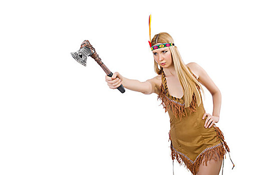 印第安女人,斧子,白色背景