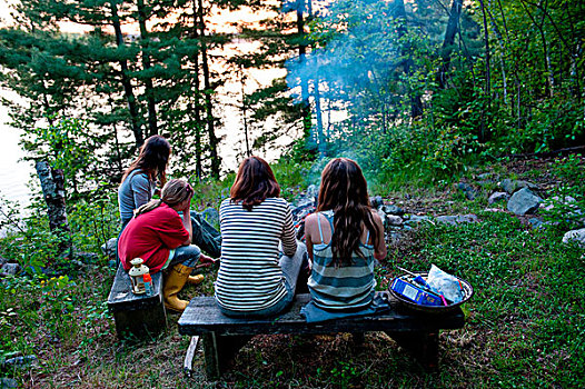 人,坐,长椅,靠近,营火,湖,木头,安大略省,加拿大