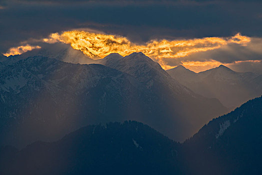 风景,山脉,阿尔卑斯山,夜光,巴伐利亚阿尔卑斯山,巴伐利亚,德国
