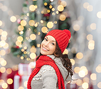 高兴,寒假,人,概念,微笑,少妇,红色,帽子,围巾,上方,圣诞树,背景