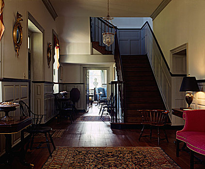 北卡罗来纳,19世纪,历史,房子,传统,家具,时期,走廊,木地板,地毯,长,楼梯