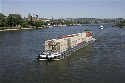 货柜船,莱茵河,正面,城堡,科布伦茨,莱茵兰普法尔茨州,德国