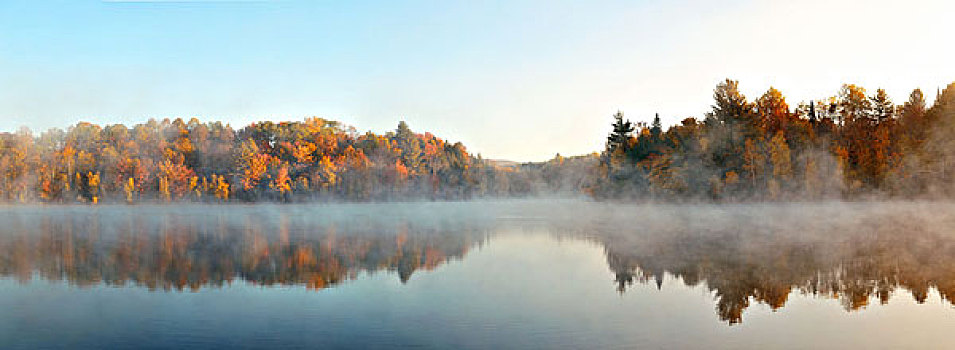湖,雾,全景,秋叶,山,反射,新英格兰