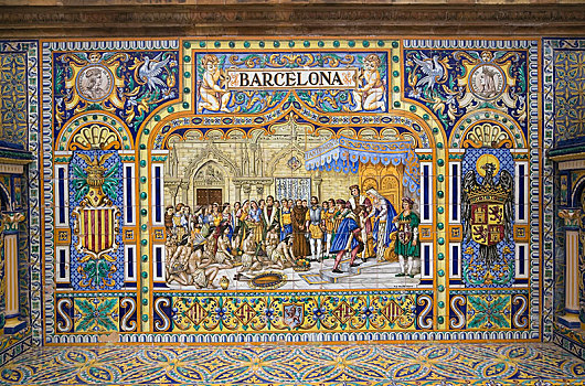 巴塞罗那,瓷砖,图像,西班牙广场,塞维利亚,塞维尔省,安达卢西亚,西班牙,欧洲
