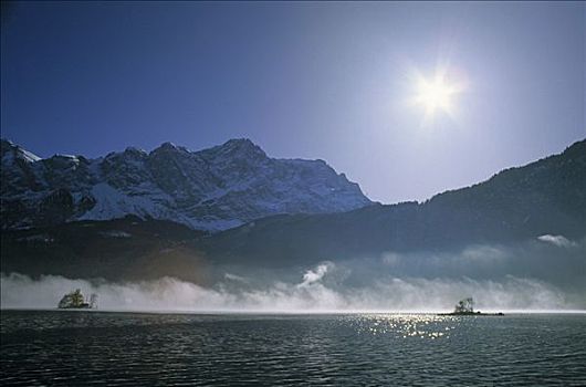 湖,楚格峰,山,上巴伐利亚,德国