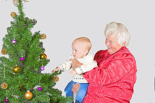 祖母,婴儿,圣诞树