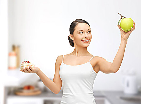 运动,节食,概念,女人,苹果,蛋糕,厨房