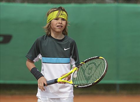 小男孩,玩,网球,孩子