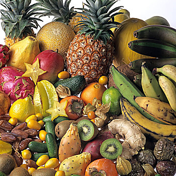 外来水果,蔬菜,猕猴桃,香蕉,菠萝,鳄梨,柠檬,瓜,杨桃,芒果,火龙果,姜,橙色,激情,枣