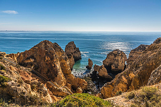 海边风景,岩石,岸边,拉各斯,阿尔加维,葡萄牙,欧洲