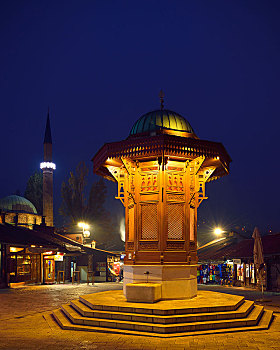 喷泉,夜晚,萨拉热窝,波斯尼亚,黑塞哥维那,欧洲