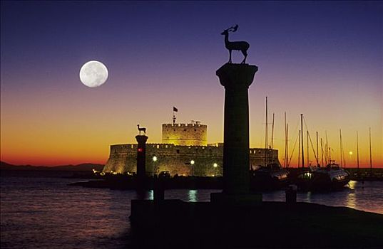 入口,曼德拉基港,港口,堡垒,背影,罗德岛,希腊,欧洲