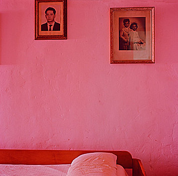 卧室,沭浴,粉色,亮光,两个,框架,头像,悬挂,墙壁,木质,床