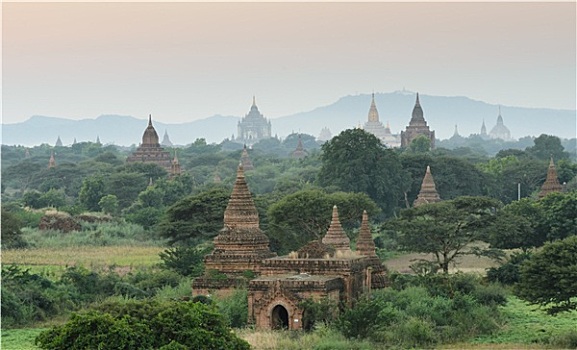 蒲甘寺庙,日落,缅甸