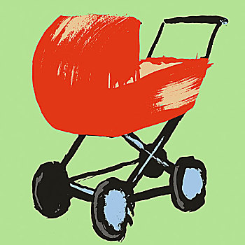 插画,婴儿车,绿色背景