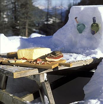 野餐,葡萄酒,雪中