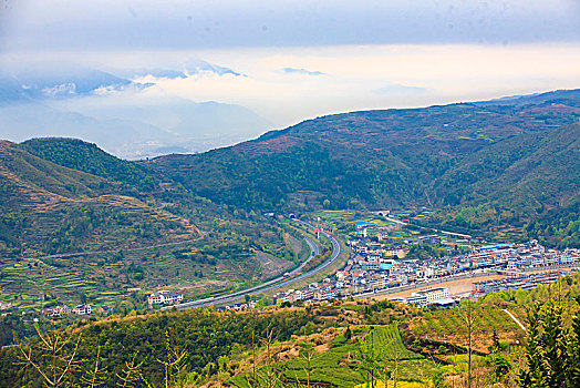 高山,俯瞰,乡村,树林