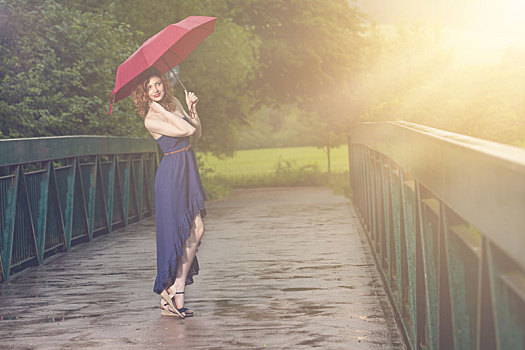 年轻,魅力,女人,红色,伞,雨,自然