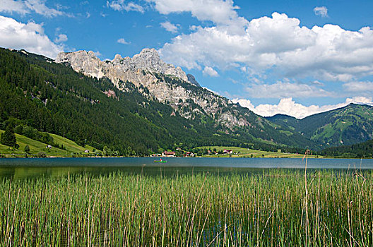 湖,风景,山,红色,山谷,提洛尔,奥地利,欧洲