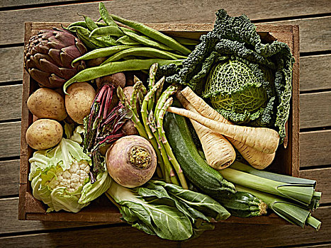 静物,新鲜,有机,健康,蔬菜丰收,品种,木头,板条箱