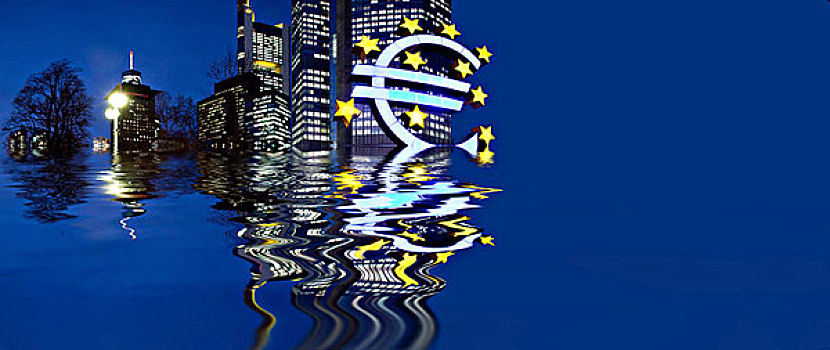 象征,图像,沉没,欧元,欧元标志,欧洲中央银行,法兰克福,黑森州,德国,欧洲