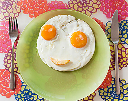 两个,蛋,制作,笑脸,盘子