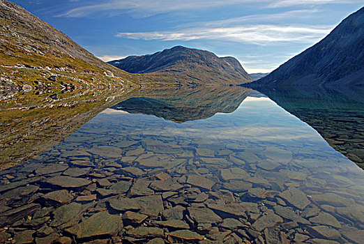 湖,围绕,山峦,反射,平静,清水,挪威,欧洲