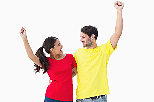 兴奋,情侣,欢呼,红色,黄色,t恤