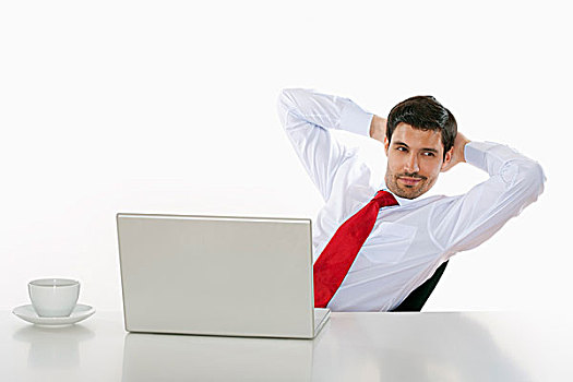 年轻,公司主管,白衬衫,后面,书桌,笔记本电脑