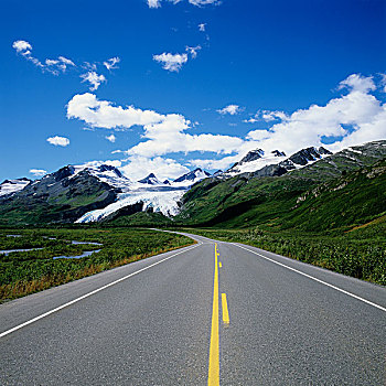 美国,蓝天,山峰,远景,阿拉斯加,公路,冰河