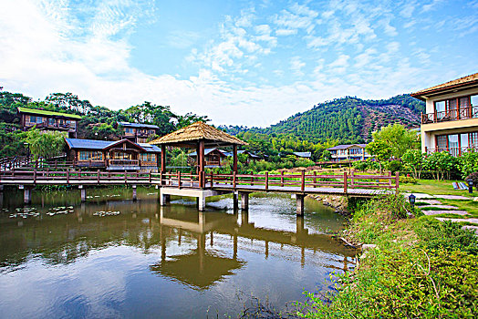 小木屋,桥,水面,小溪