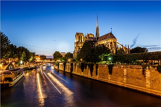 女人,巴黎,大教堂,船,光亮,小路,塞纳河,法国