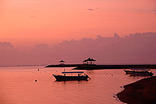 粉红色,日出,船,剪影,海滩,沙努尔,巴厘岛,印度尼西亚,东南亚,亚洲