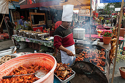 街道,厨房,波卡拉,节日,尼泊尔人,女人,烧烤,肉,尼泊尔,亚洲