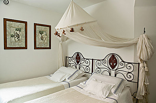 篷子,高处,两个,单人床,白色,卧室
