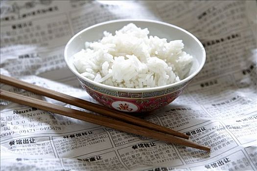 米饭,亚洲,碗,报纸,筷子,旁侧