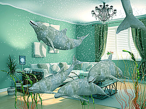 海豚,游泳,现代,室内