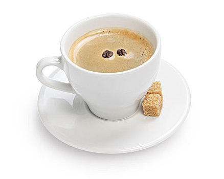杯子,浓咖啡,蔗糖,两个,咖啡豆,隔绝,白色背景,背景