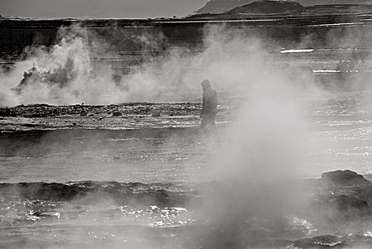 男人,走,蒸汽,间歇泉,冰岛