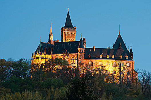 城堡,光亮,黄昏,哈尔茨山,区域,萨克森安哈尔特,德国,欧洲
