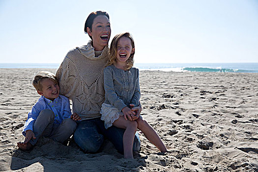 母亲,海滩,儿子,女儿,新港海滩,加利福尼亚,美国
